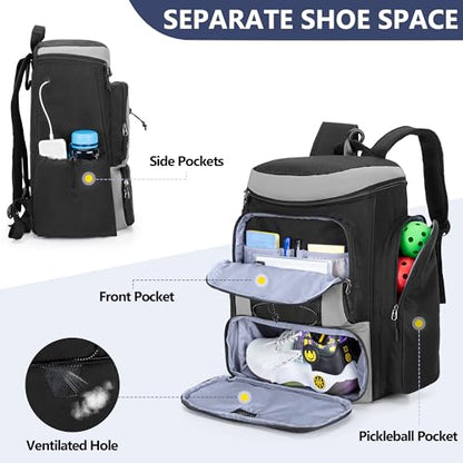 GOBUROS Pickleball Paddle Bag Backpack for 4 Rackets with Fence Hook, Pickleball Equipment Bag with Shoe Compartment for Men Women, Bag Only