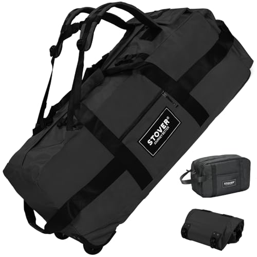 STOVER 45/80/100L Rolling Duffel Bag with Wheels, X-Large Durable Travel Duffle + Toiletry Bag, Heavy Duty, Packable with Shoulder Straps- Use as Luggage or Backpack, Men/Women (Black) - color: Black