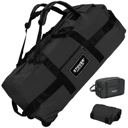 STOVER 45/80/100L Rolling Duffel Bag with Wheels, X-Large Durable Travel Duffle + Toiletry Bag, Heavy Duty, Packable with Shoulder Straps- Use as Luggage or Backpack, Men/Women (Black) - color: Black