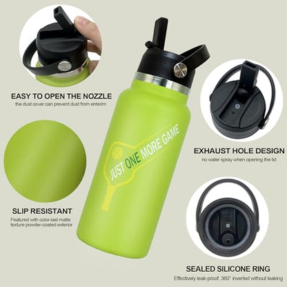 Pickleball Water Bottle 32 oz, Gifts for Pickleball Lovers, Wide Mouth Vacuum Insulated Sports Bottle with 2 Leakproof Lids, Stainless Steel Cup with Straw for Cold Drinks - color: Green