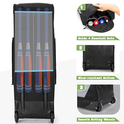 GOBUROS Rolling Baseball Softball Bag with Wheels for 4 Bats, Baseball Duffle Bag with Separate Shoe Space and Multiple Pockets for Softball Equipment, Gray