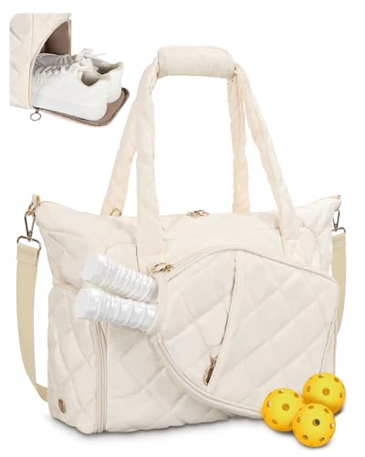 ESTARER Pickleball Tote Bag for Women with Shoe Compartment Large Pickleball Paddle Storage & Fence Hook - color: Off-white