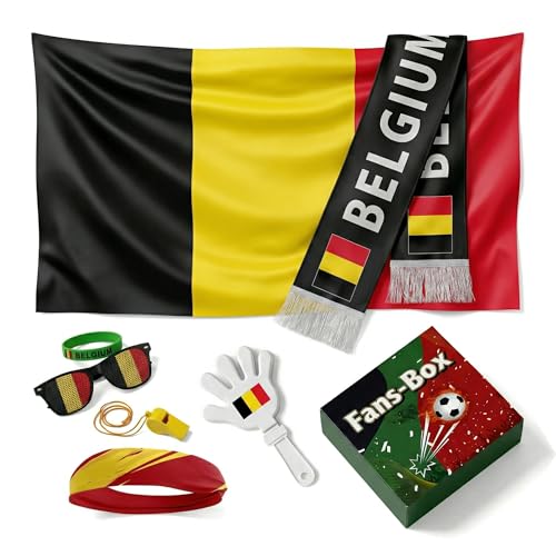 Soccer Fan Gear Set 2026-7 Piece Game Day Kit with Flag, Scarf, Glasses, Whistle, Clapper, Wristband & Headband in Gift Box - Watch Party & Stadium Essentials for for Belgium - color: Belgium