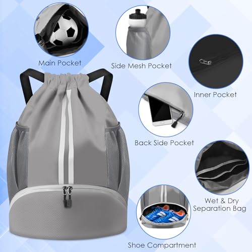 BROTOU Soccer Bags, Football Backpack, Volleyball Bag, Drawstring Backpack with Ball and Shoe Compartment, Football bags for Equipment Swim Gym Bag - color: Light Gray