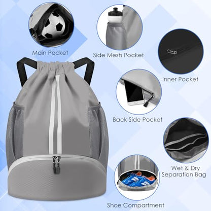 BROTOU Soccer Bags, Football Backpack, Volleyball Bag, Drawstring Backpack with Ball and Shoe Compartment, Football bags for Equipment Swim Gym Bag - color: Light Gray