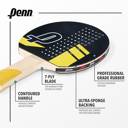 Penn 4-Player Ping Pong Paddle Set - 4 5.0 Paddles, 6 3-Star Balls, 2 Storage Pouches - Pro-Grade Rubber for Spin & Power on Table Tennis Rackets - Ergo Handle for Grip Comfort in Ping Pong Play