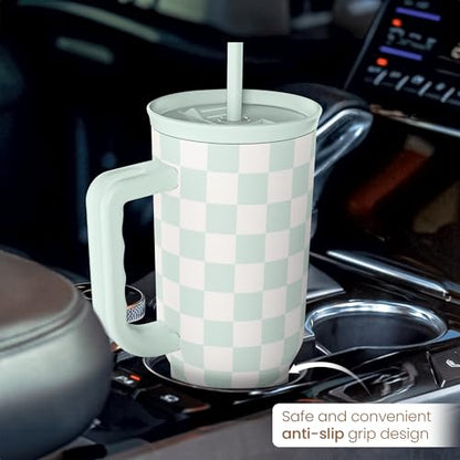 Checkered Tumbler with Handle 40oz, Mint Checker Cup Stainless Steel Insulated Tumblers Coffee Travel Mug Cups with Straw, Gifts for Women Girls Teen Birthday Christmas - color: Checker
