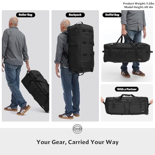 STOVER 45/80/100L U-Zip Rolling Duffel Bag with Wheels, X-Large Durable Travel Duffle + Toiletry Bag, Lay-Flat Opening, Packable w/Shoulder Straps- Use as Luggage or Backpack, Men/Women (Black) - color: U-Zip Black