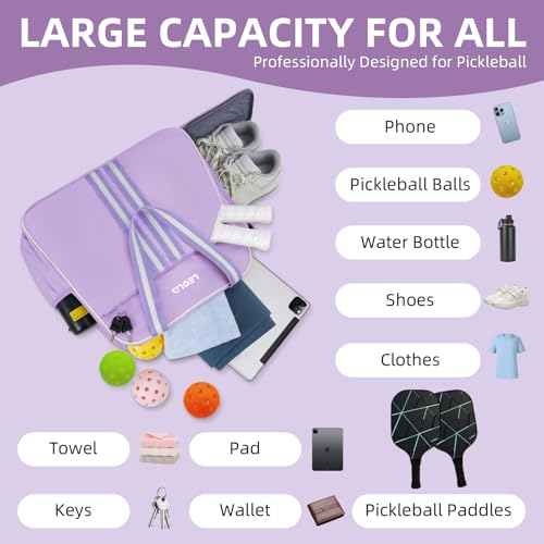 Pickleball Bag Pickle Ball Backpack for Women,Pickleball Accessory Tote Sport Equipment Bag Machine Washable with Shoe Compartment,Wet Pocket,Adjustable Shoulder Strap Fence Hook,Great Gift 30L-Purple - color: Purple