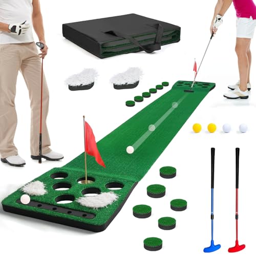 Golf Putting Game Set, Detachable Golf Putting Green Mat with 4 Balls, 2 Cups & Flags, 1 Portable Bag for Indoor & Outdoor Party Game Use - color: Black with putter