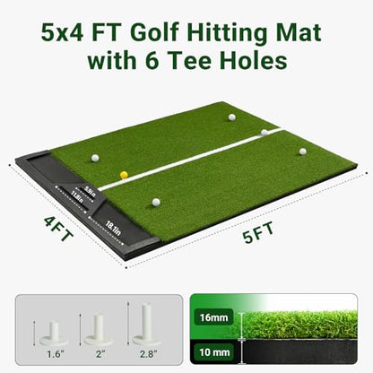 Large Golf Hitting Mat 5x4ft Indoor Outdoor Backyard, Thick Golf Practice Mat with Phone Slot & Ball Tray, Heavy Duty Artificial Turf Driving Range Golf Simulator Mat with Alignment Line - color: 5x4ft26mm