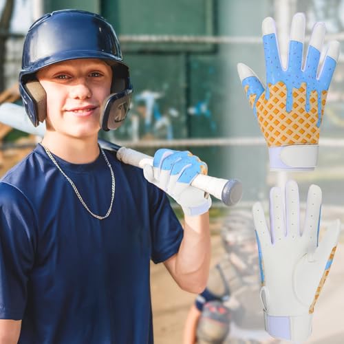JenPen 1 Pair Youth Ice Cream Drip Batting Gloves 6 Inch Baseball Batting Gloves Long Cuff Leather Ice Cream Drip Pattern Mitt Grip Finger for Softball Teeball Baseball Kids Youth Boys - color: Blue, size: M Size