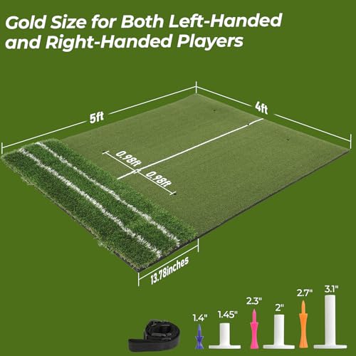 FAHKNS Real Feel Golf Hitting Mat (5x4ft), Large Double Turf, Golf Indoor and Outdoor Practice Mat with Sight Line and Approach Angle Aid, for Swing, Chipping, Putting