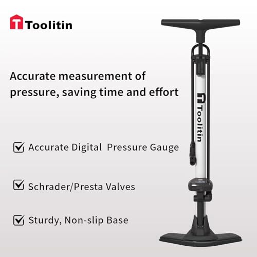 TOOLITIN Bike Pump with Precision Digital Pressure Gauge,Floor Bicycle Tire Pump Compatible with Presta and Schrader Valve, Air Pump for Bicycle, Balls, Scooter, etc.