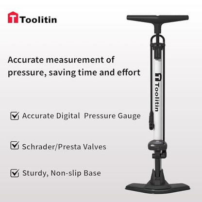 TOOLITIN Bike Pump with Precision Digital Pressure Gauge,Floor Bicycle Tire Pump Compatible with Presta and Schrader Valve, Air Pump for Bicycle, Balls, Scooter, etc.
