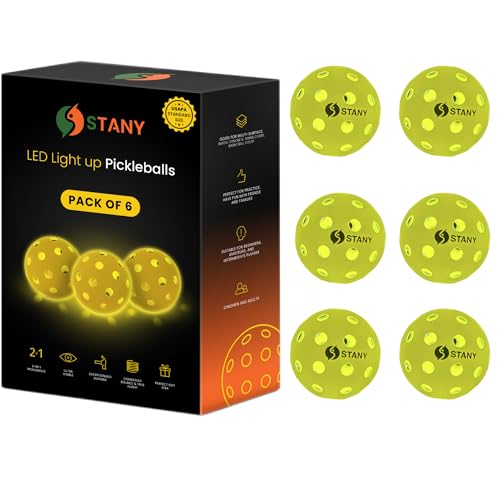 STANY LED Pickleball Balls –Ultra Visible for Nighttime Play, Glow in The Dark, 40 Hole, Indoor/Outdoor, Consistent Bounce, USAPA Official Size, Gift Ready Box, 6 Pack + 3 Replacement Batteries