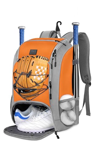 MATEIN Baseball Backpack, Softball Bat Bag with Shoes Compartment for Youth, Boys and Adult, Lightweight Baseball Bag with Fence Hook Hold TBall Bat, Batting Mitten, Helmet, Caps, Teeball Gear - color: Orange, size: 29L
