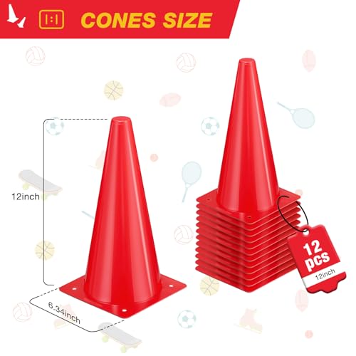12 Inch Durable Cones,12pcs Versatile Plastic Traffic Cones and Soccer Cones for Sports Training,Agility Drills,Parking Safety,Basketball Training,Football Training. - color: red