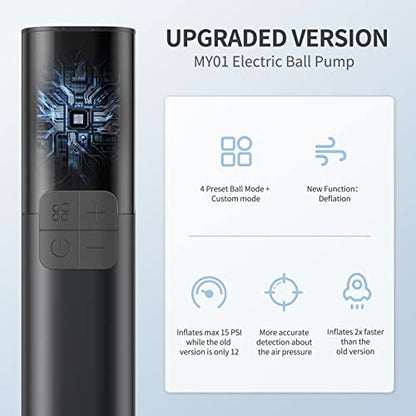 Pumteck MY01 Electric Ball Pump with Inflation & Deflation, Accurate Pressure Gauge and 4 Preset Modes, Automatic Ball Pump for Basketball, Soccer, Football and Volleyball (Max 15 PSI) - color: Black