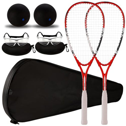 2 Pack Beginner Squash Racquet Set Includes Racquets with Racket Bags Anti Fog Goggles Cases Blue Dot Ball Indoor Gym Sports for Beginners Novice Training Recreational Play - color: Red