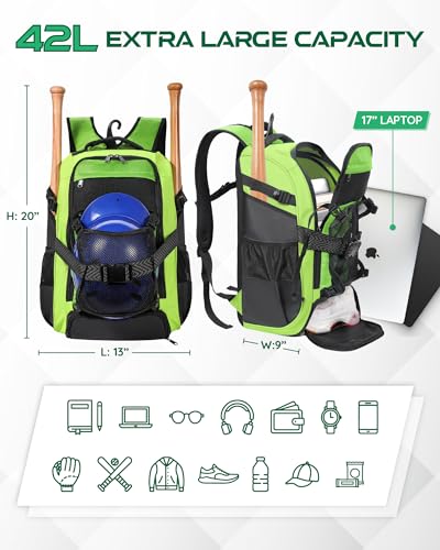 Large Baseball Backpack for Adult Youth 42L Softball Bat Bag with Detachable Adjustable Helmet Mesh Pocket Fit Basketball Soccer Volleyball Baseball Equipment Bag for Men Women 12+ Boys Girls - color: Green