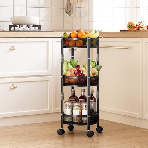 TOOLF 3-Tier Foldable Rolling Cart, Collapsible Metal Utility Cart with Wheels, Assembly-Free, Round Storage Organizer Trolley for Kitchen, Bathroom, Dorm, Nursery, Black