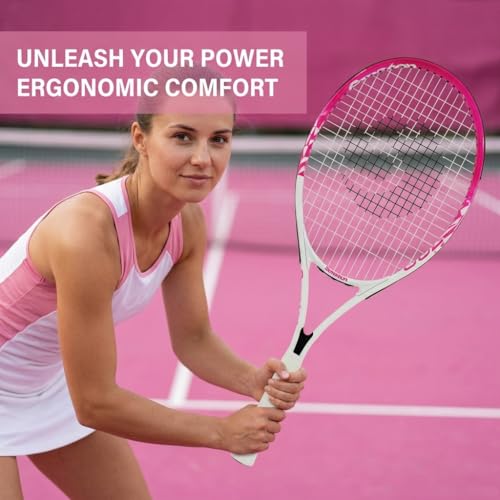 Senston 27 inch Tennis Racket for Adults 1 Pack Tennis Racket Set Tennis Overgrip, Vibration Damper - color: white pink