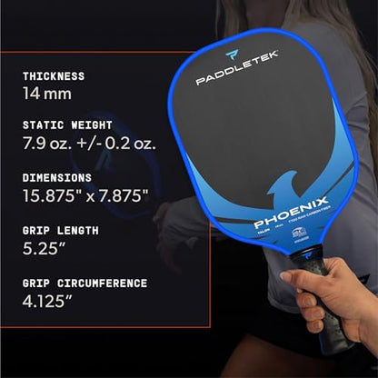 Paddletek Phoenix Talon – 14mm Pickleball Paddle – Raw Carbon Fiber Face – Balanced Control & Spin – Polypropylene Honeycomb Core – USAPA Approved Pickle Ball Paddle – 5.25 Inch Handle - color: Riptide
