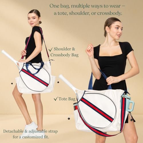 Tennis Bag for Women Racket Tote, Stylish Backpack - Unisex Racquet Sports Pickleball Bag Convertible Shoulder, Crossbody Strap Large Compartment - color: Tote - Ivory/Red Stripe