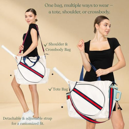 Tennis Bag for Women Racket Tote, Stylish Backpack - Unisex Racquet Sports Pickleball Bag Convertible Shoulder, Crossbody Strap Large Compartment - color: Tote - Ivory/Red Stripe