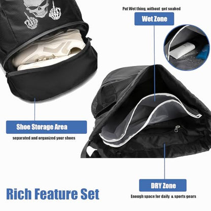 FOECBIR Basketball Drawstring Backpack with Independent Shoe Pocket & Drawstring Bag Wet Dry Separation, Water Resistant Sports Bag with Side Mesh Pockets for Men Women (Skeleton Skull) - color: Skeleton Skull