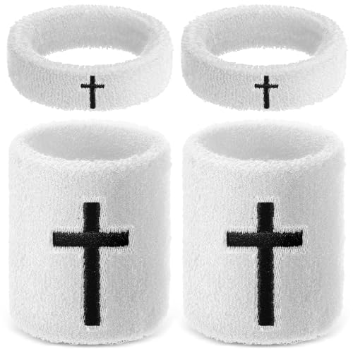 Soulchen 4 pcs Cross Bicep Bands Wrist Bands Christian Arm Sweat Wristbands Absorbent Armband for Men Women Football Baseball Players Sports Activities Supplies - color: White