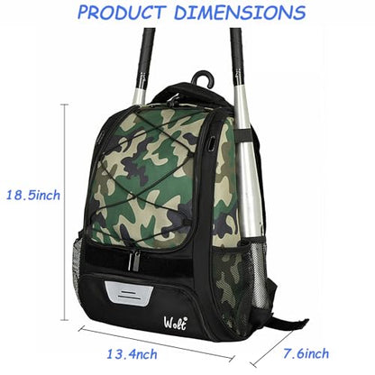 WOLT Youth Baseball Bag - Bat Backpack for Baseball, T-Ball & Softball Equipment & Gear, Bat & Glove Holder, Large Main Compartment for Helmet & accessories, Separate Shoes Compartment, Fence Hook - color: Camogreen