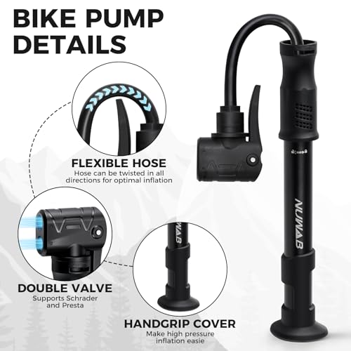 NUWAB Mini Bike Pump, 10 Inch Portable Hand Bicycle Pump, 100PSI, Support Shrader and Presta, Fast Air Out Ball Pump, Work with All Bikes and Balls, Swimming Ring, Come with Ball Needles, Nozzles