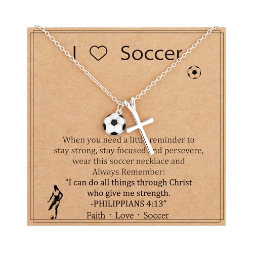 Gnamy Softball/Volleyball/Basketball/Soccer Necklace for Teen Girls Women, Gold/Silver Cross Pendant Sport Accessories Christian Religious Jewelry Gifts for Teens Kids Lovers - color: Silver, style: Soccer