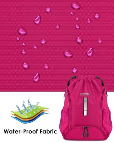 BROTOU Soccer Drawstring Backpack, Basketball Bag, Volleyball Football Bags with Ball and Shoe Compartment - color: Rose Red