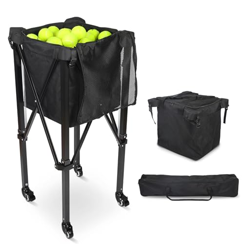 Tennis Ball Hopper with Wheels, 150 Tennis Balls Capacity Tennis Ball Basket with Side Pockets and Carrying Bag, Lightweight Sports Teaching Cart, Suitable for Softball, Pickleball & Baseball (Pop-up)