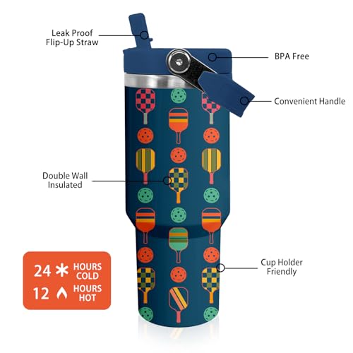 30 oz Tumbler with Handle Flip Straw Leak Proof - Pickleball Mug 30oz Tumbler Travel Coffee Mug with Handle - Birthday Gifts for Women Men Pickleball Lovers Players 30 Ounce Stainless Steel Cup - color: Pickleball Blue