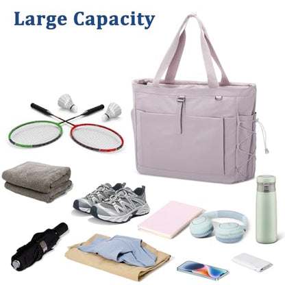 Tennis Gym Bag for Women, Tennis Tote Bag with Shoe Compartment & Wet Pocket, Tennis Racket Bag Holds 2-4 Rackets, Weekend Bag with Laptop Compartment for Men & Women - color: Purple