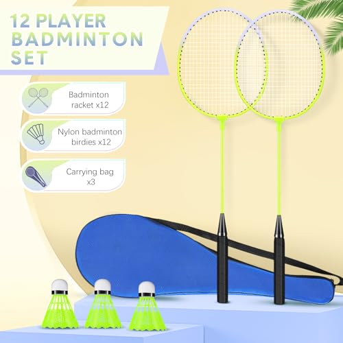12 Pack Badminton Rackets Set Including Badminton Racquets, Nylon Shuttlecocks and Carry Bag for Outdoor Backyard Games Beginners - color: Fluorescent Yellow