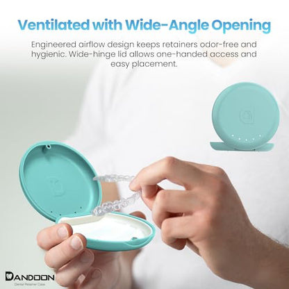 Dandoon Dental Retainer Case – Ventilated with Magnetic Lid and Silicone Pad, Non-Slip Slim Design – Includes Free Aligner Removal Tool & Chewies – Fits Aligners & Mouth Guards (Mint Green-Blue)