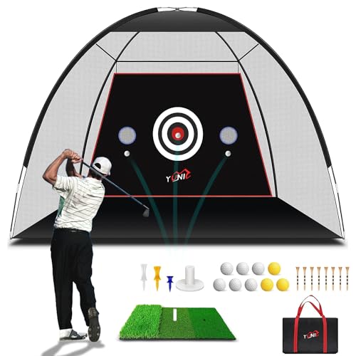 Golf Practice Net with Tri-Turf Mat - All-in-One Home Golf Hitting Aid for Backyard Driving, Chipping, Swing Training