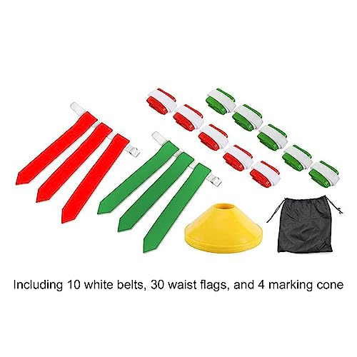 Flag Football Set for 10 Players, Wireless Flag Football Belts with 30 Flags and 4 Cones, PVC Waist Belt Kit for Youth Training and Outdoor Games (Red+Green)