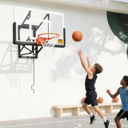 53” Wall Mount Basketball Hoop - Aluminum Alloy Frame & PC Backboard | Adjustable Height 7.71-10ft | Shatterproof, All-Weather | Indoor/Outdoor | Garage/Backyard