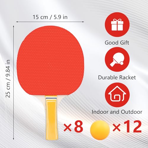 Ping Pong Paddle Sets, 8 Paddle Table Tennis Set with 12 Yellow Ping Pong Balls, Table Tennis Paddles for Adults Family Indoor Outdoor Games