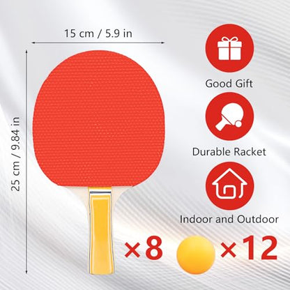 Ping Pong Paddle Sets, 8 Paddle Table Tennis Set with 12 Yellow Ping Pong Balls, Table Tennis Paddles for Adults Family Indoor Outdoor Games