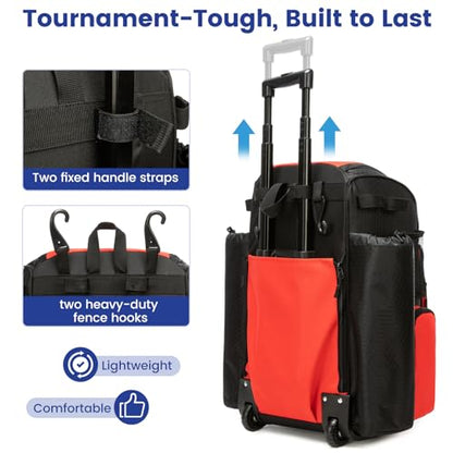 Rolling Baseball Bag with Wheels,Large Softball Bag with Fence Hook for 4 Bats & Equipment,Lightweight Baseball Bat Bag with Shoe Compartment. - color: Red