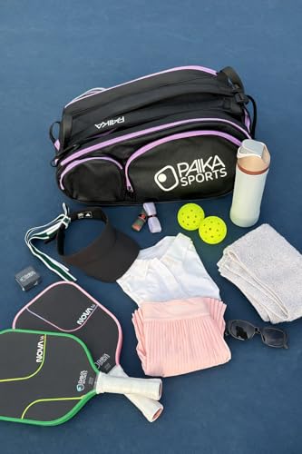 Detachable Pickleball Bag, Black with Purple Accents, Large Capacity, Multiple Compartments, Detachable Side Bag, Padded Straps for Paddles and Gear