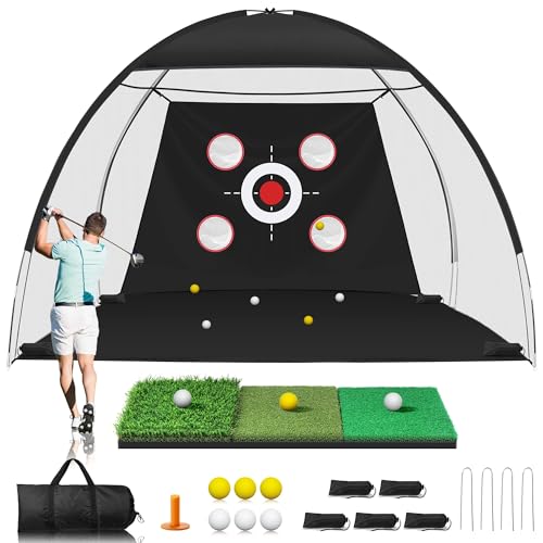 Golf Net, 10x7FT Golf Practice Net with Tri-Turf Mat for Outdoor Indoor, All-in-One Golf Hitting Aid Nets for Backyard Training Driving Chipping Swing, Gifts for Men/Him/Dad/Golfer