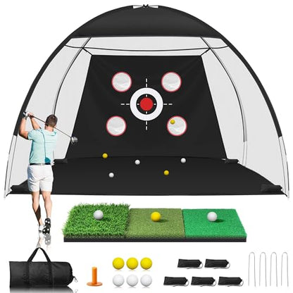 Golf Net, 10x7FT Golf Practice Net with Tri-Turf Mat for Outdoor Indoor, All-in-One Golf Hitting Aid Nets for Backyard Training Driving Chipping Swing, Gifts for Men/Him/Dad/Golfer